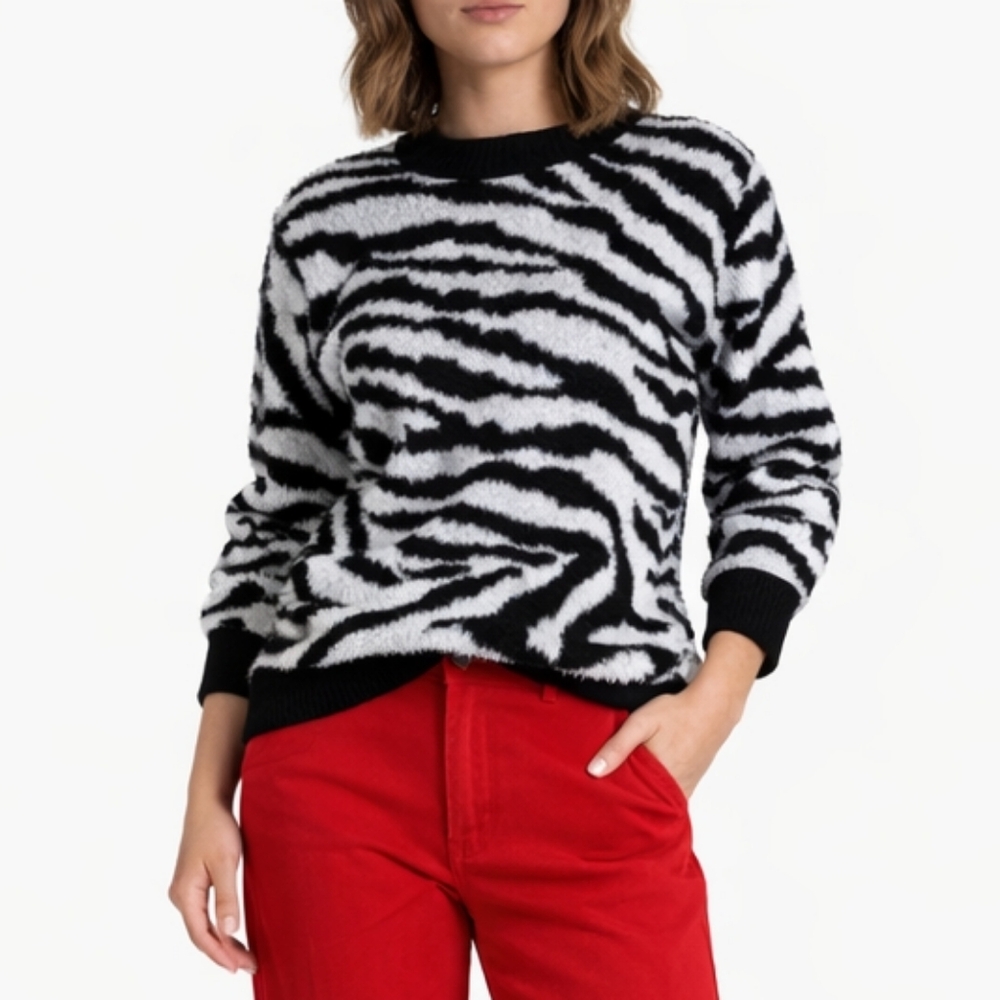 GRACE+KARMA Oversized Fuzzy Animal Print Crew Neck Sweater